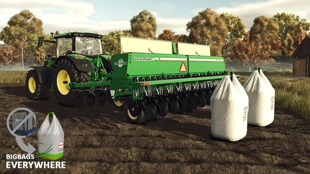 FS25 mods: Tractor with Great Plains planter and three big bags in a field, featuring BigBags Everywhere v1.0.0.0.