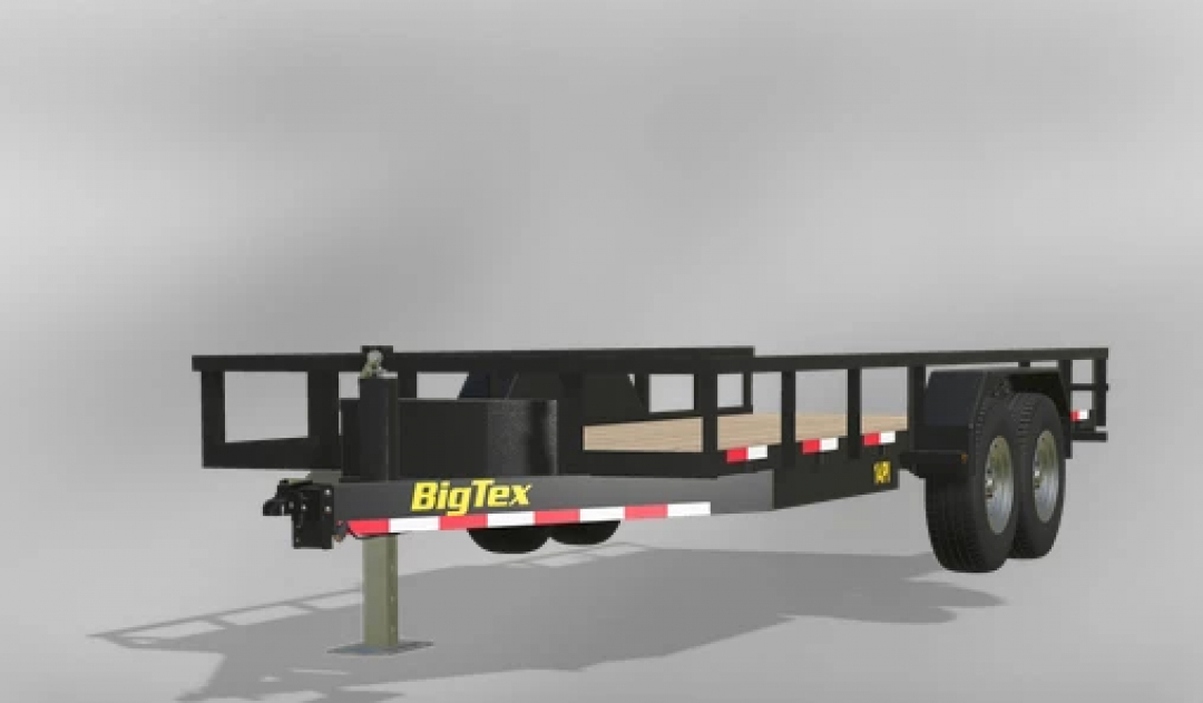 BigTex 24FT Trailer v1.0.0.0 mod for FS25, showing a black flatbed trailer with dual axles, useful for hauling in Farming Simulator 25.