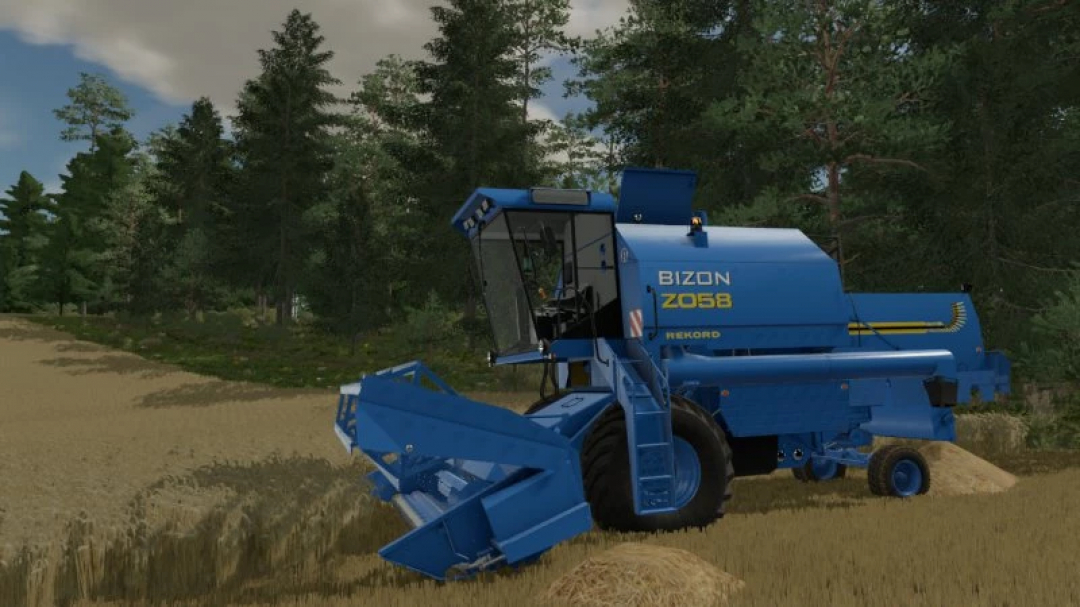 FS22 mod Bizon Z058 New Holland mietitrice in un campo in Farming Simulator 22.