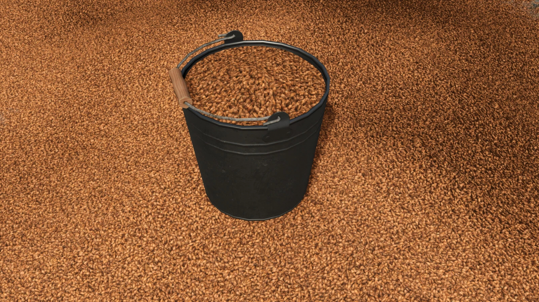 Bucket v1.0.0.0 mod in FS25 gevuld met graan, verbetert Farming Simulator 25 gameplay.