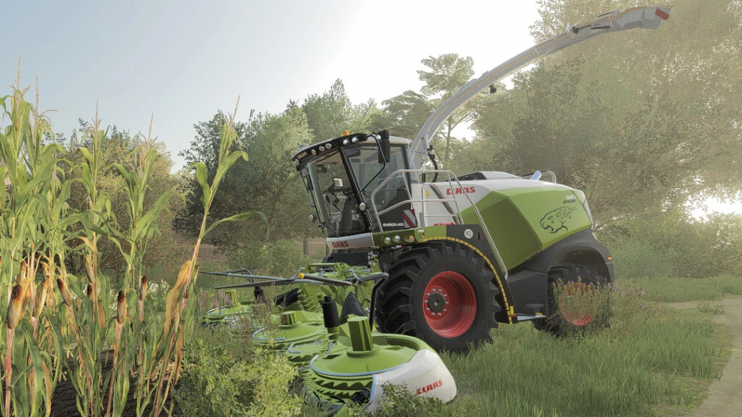 Mietitrebbia CLAAS JAGUAR 980-930 in un campo, parte del pacchetto di mod FS22 per Farming Simulator 22.