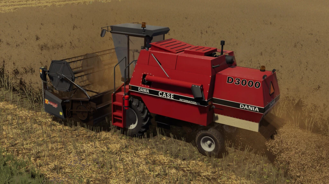 Mod FS22 mietitrebbia Case D3000 al lavoro in un campo.