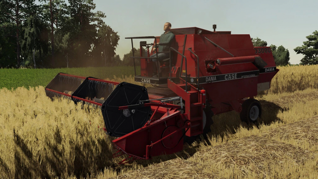 Mod FS22 Case D3000 che raccoglie grano nel campo di Farming Simulator 22.