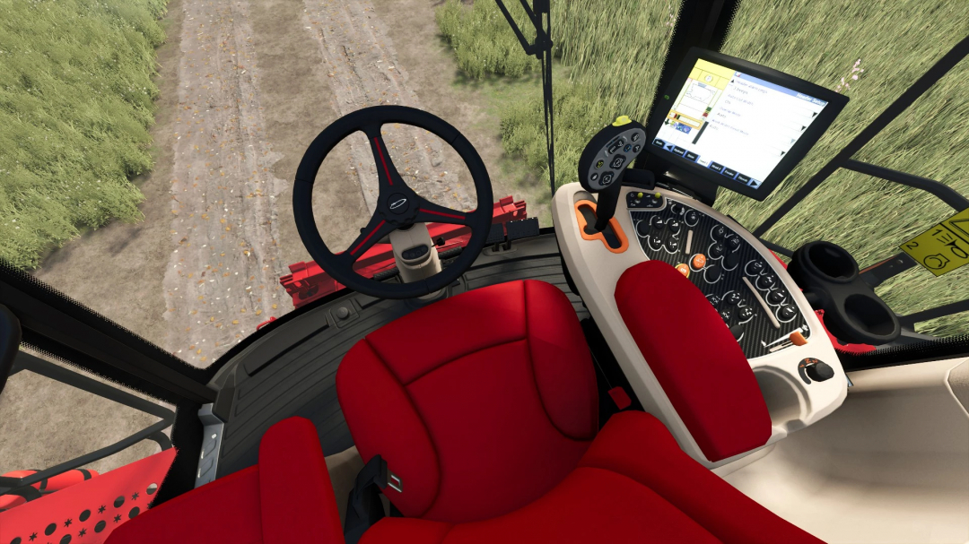 Intérieur du Case IH Axial Flow 7150 dans le mod FS25, montrant les commandes, siège rouge et volant.