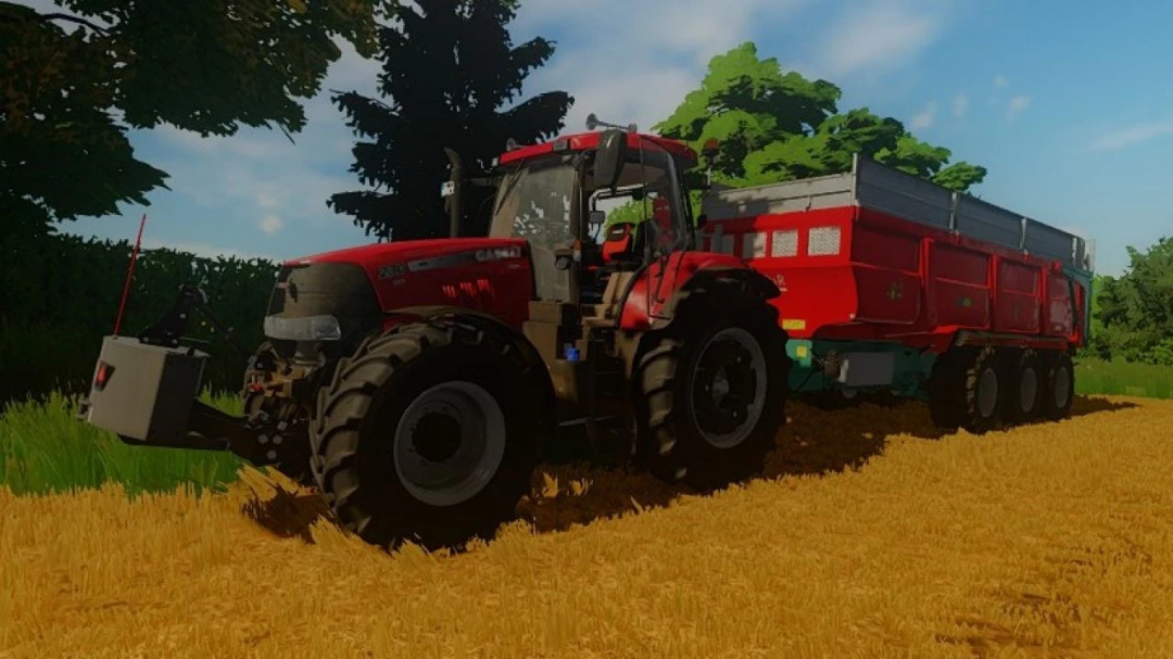 Mod Case IH Pack v1.0.0.0 no FS22 com um trator vermelho e reboque em um campo.