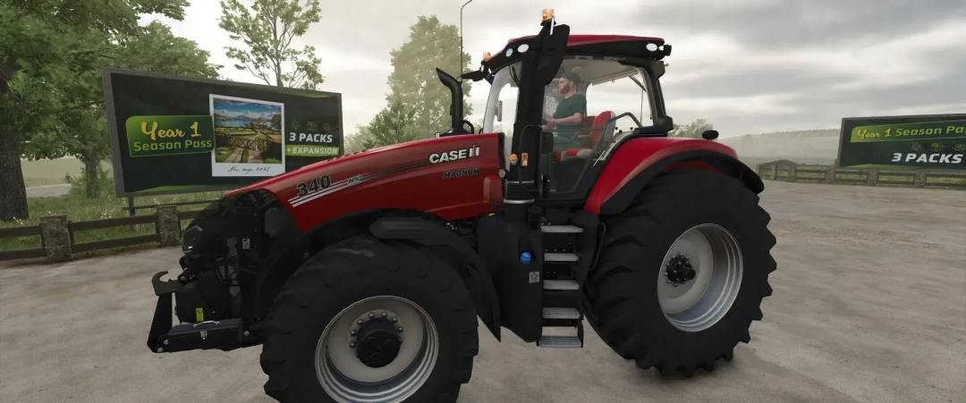 FS25 mod Case Pack v1.1.0.0 featuring a red Case Magnum 340 tractor with a driver, billboard in background.