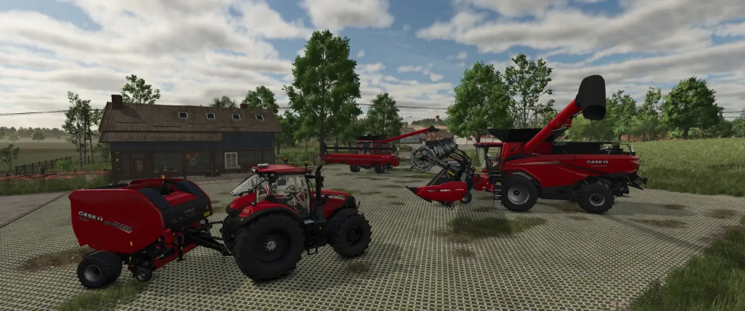 FS25 Case Pack v1.1.0.0 mod showcasing red Case tractors and equipment on a farm.