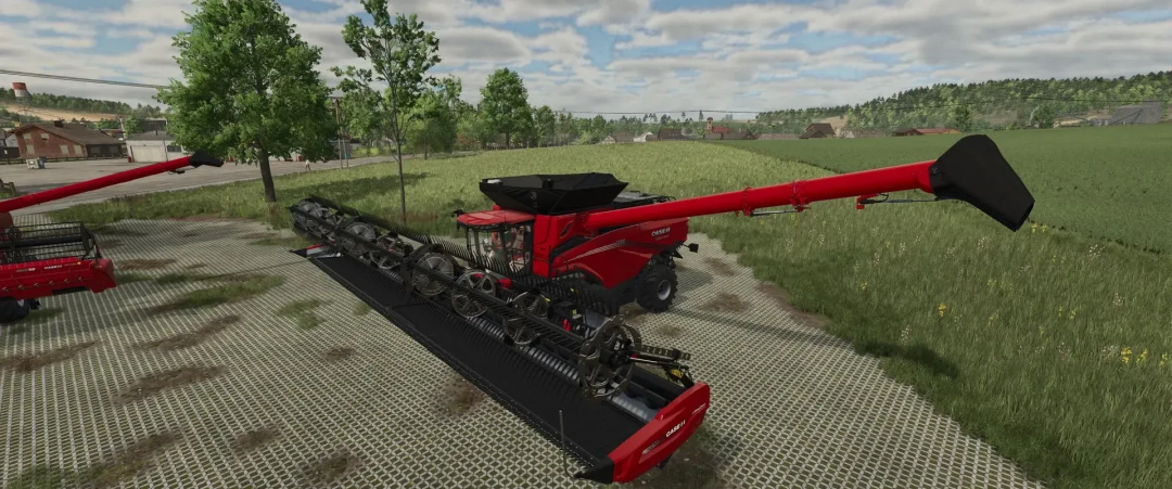 Case Pack v1.1.0.0 mod in FS25 shows a red Case harvester in a field setting.