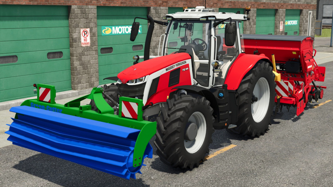 Massey Ferguson tractor with Ceres GC600 mod in FS25, showcasing a red plow attachment.