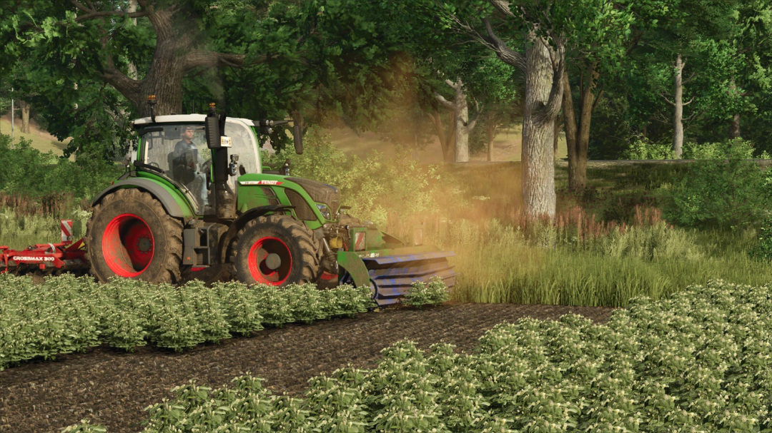 FS25 mod Ceres GC600 v1.0.0.0 featuring a tractor tilling field amidst lush greenery in Farming Simulator 25.