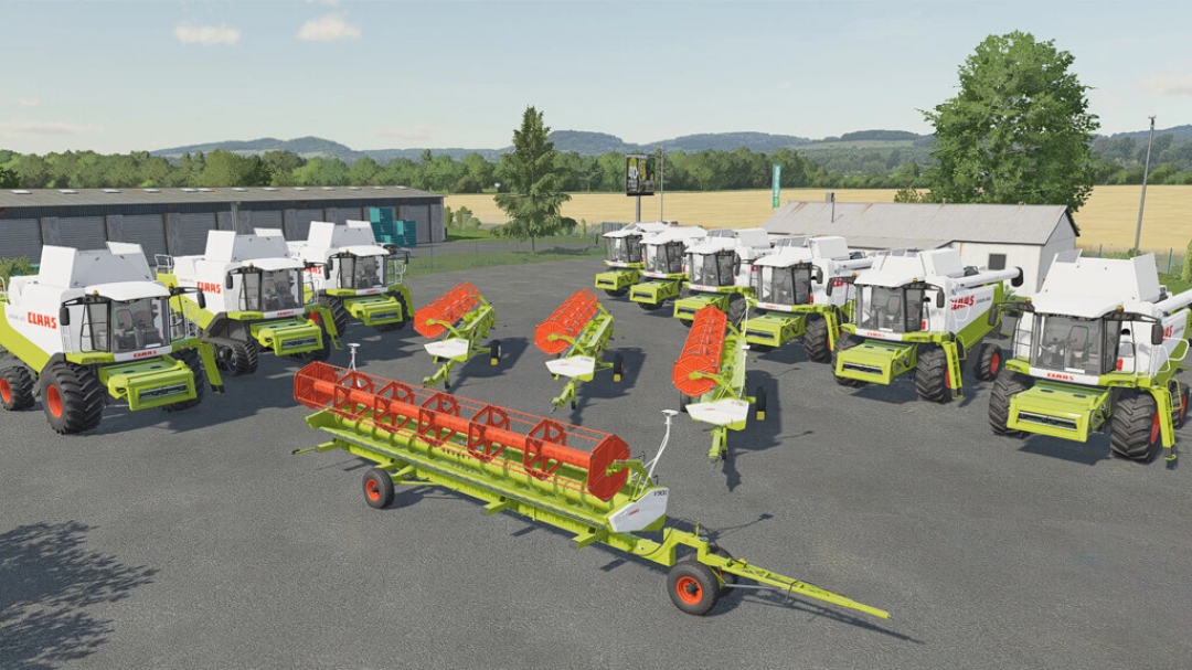 FS22 mods Claas Lexion 500 Series v1.0.1.1 exibindo várias colheitadeiras e cabeçotes na área de estacionamento.