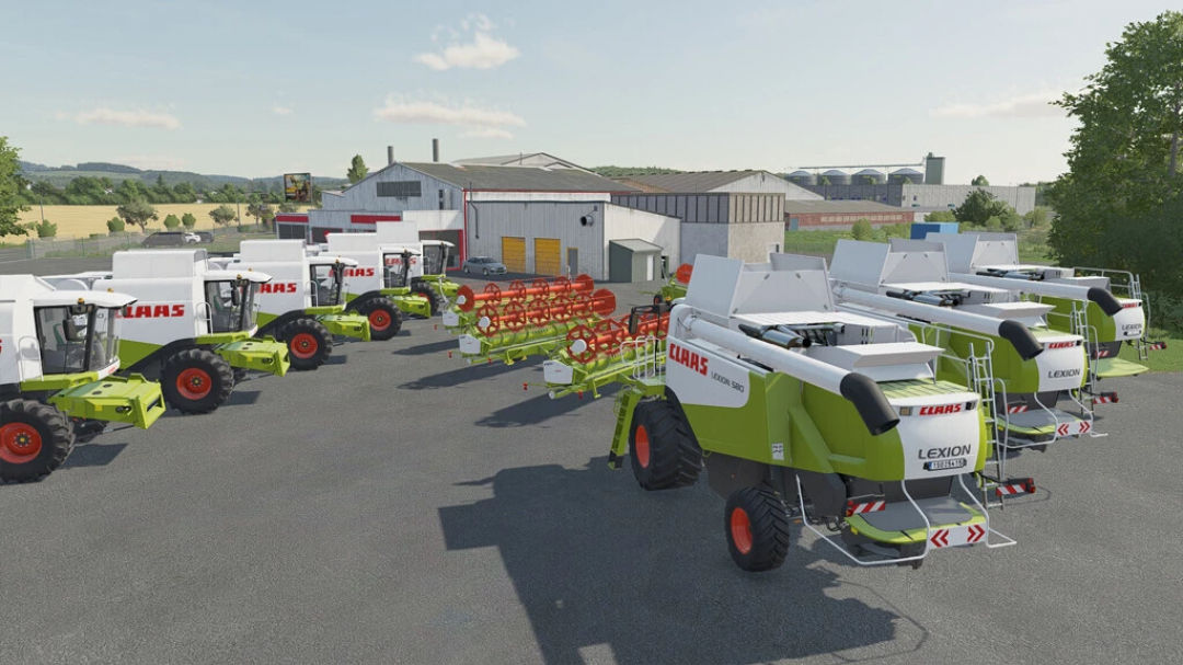 Várias colheitadeiras Claas Lexion 500 Series no mod FS22, mostrando equipamentos agrícolas no Farming Simulator 22.