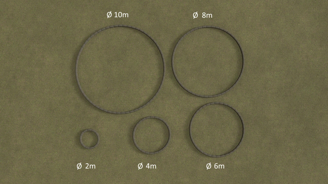 Pacote de Anéis de Concreto no FS25 com cinco anéis de concreto de 2m, 4m, 6m, 8m e 10m para mods de Farming Simulator 25.