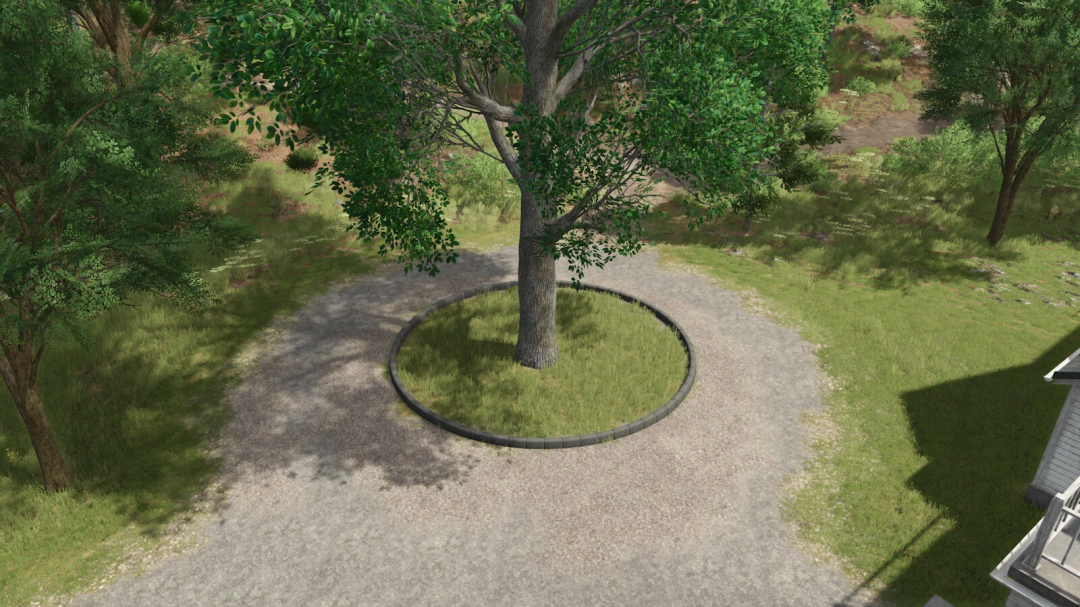 Mod Concrete Ring Pack v1.0.0.0 no FS25 com um anel de concreto decorativo ao redor de uma árvore.