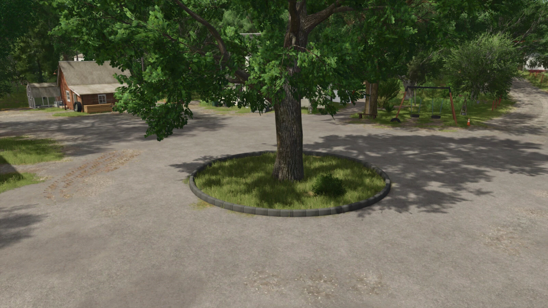 FS25 mod Concrete Ring Pack v1.0.0.0 mostra uma grande árvore cercada por um anel de concreto em ambiente rural.