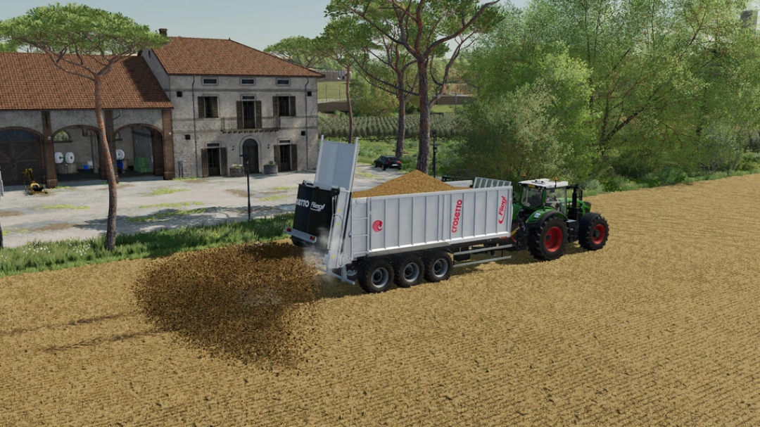 Image de mod FS22 montrant Crosetto CMD + Fliegl ASW épandant du matériel sur un champ dans Farming Simulator 22.