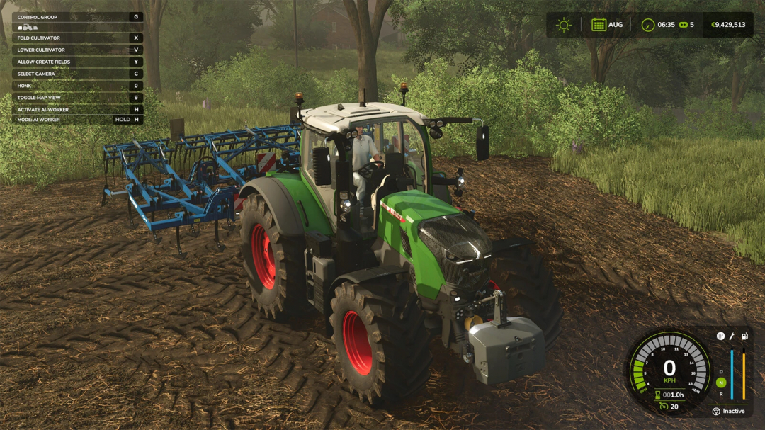 FS25 mods: Tractor using Cultivator Field Creator v1.0.0.0 in Farming Simulator 25.