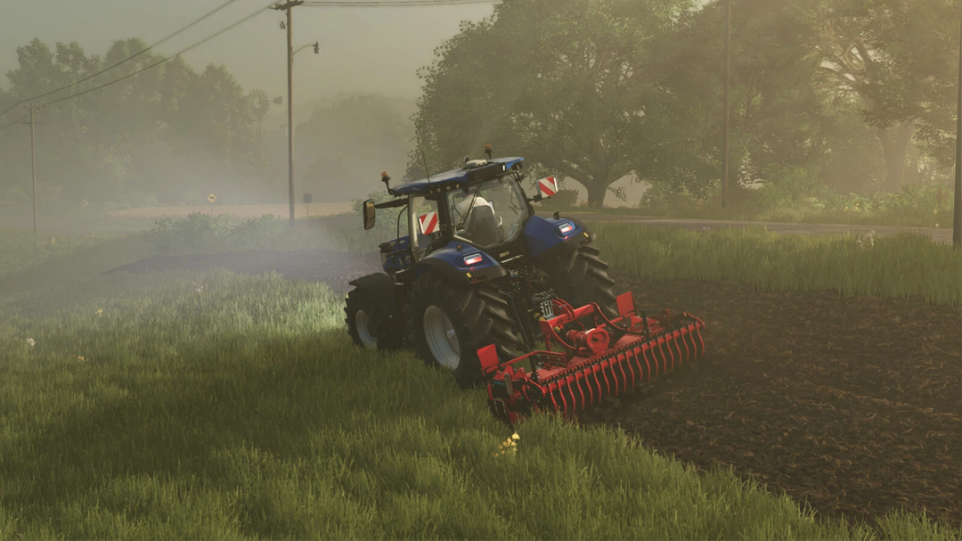 FS25 mod Cultivator Field Creator v1.0.0.0 in action on a field. Tractor with a cultivator working in lush green surroundings.