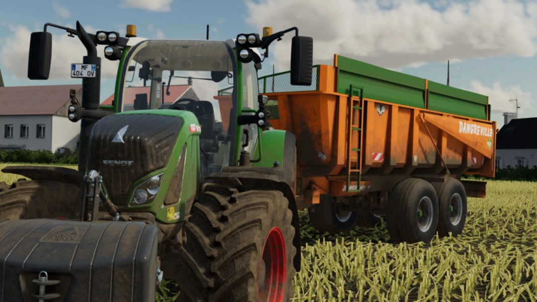 FS22 mod Dangreville BB18T trailer attached to a tractor in a field, Farming Simulator 22.