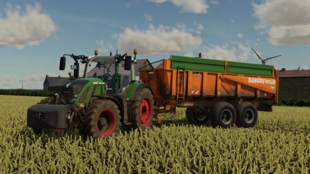 FS22 mod: Dangreville BB18T trailer attached to a tractor in a field, showcasing Farming Simulator 22 mods.