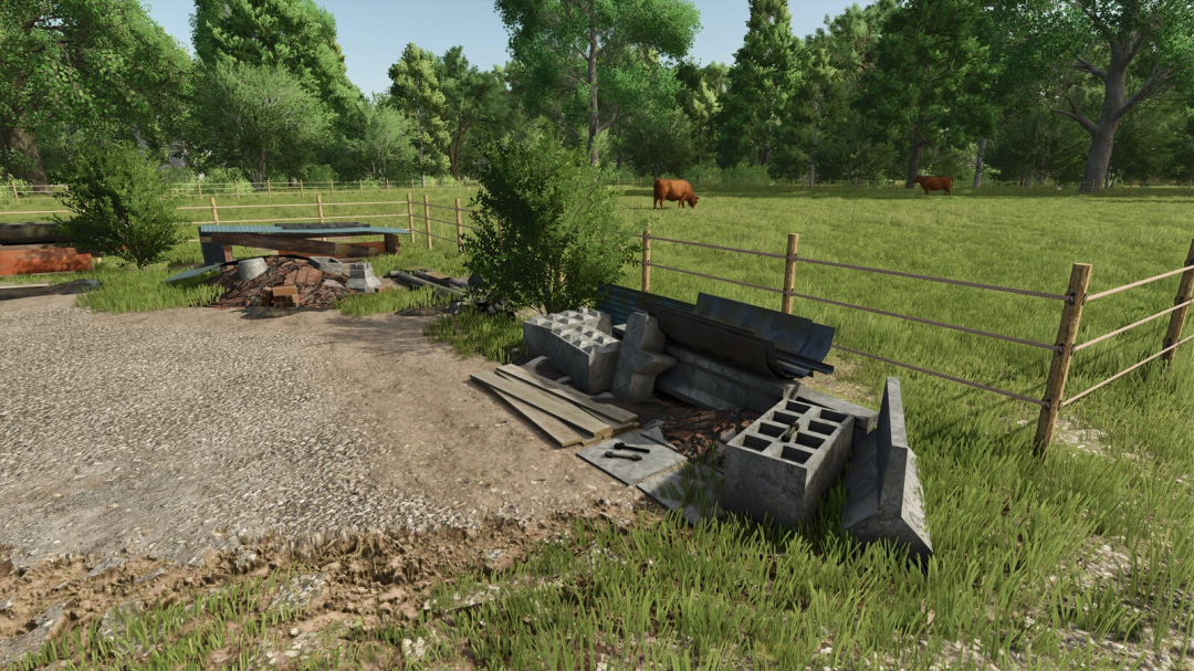 Mod Debris For The Farm w FS25 przedstawia rozrzucone bloczki betonowe i drewno na polu.