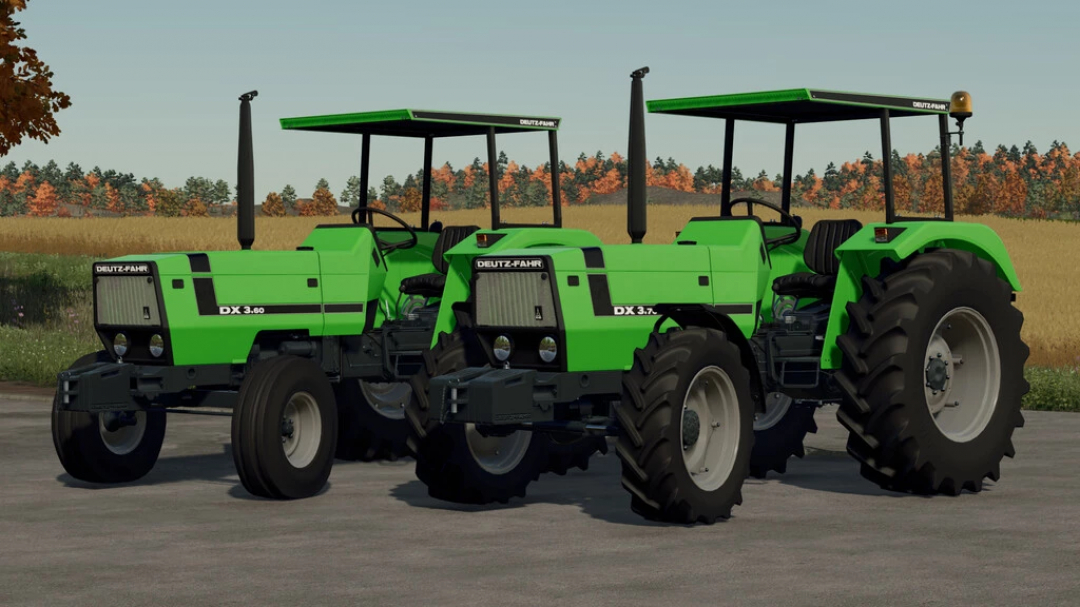 Dos tractores Deutz-Fahr DX3 Series en el mod de Farming Simulator 22. Muestra de mods FS22 con tractores verdes en una granja.