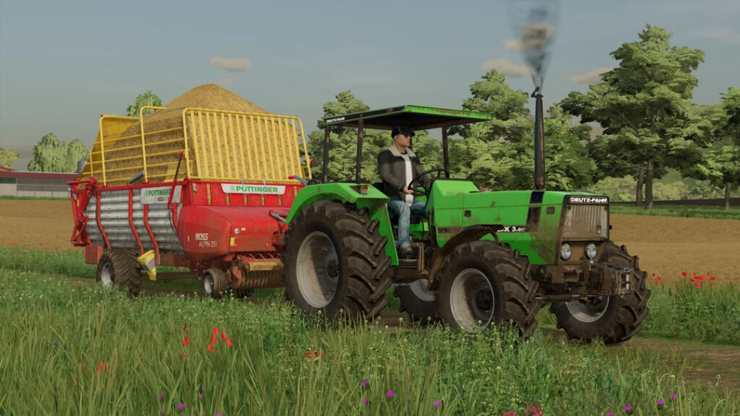 Tractor Deutz-Fahr DX3 remolcando un tráiler Pöttinger en el mod FS22, mostrando equipo agrícola en un campo escénico.