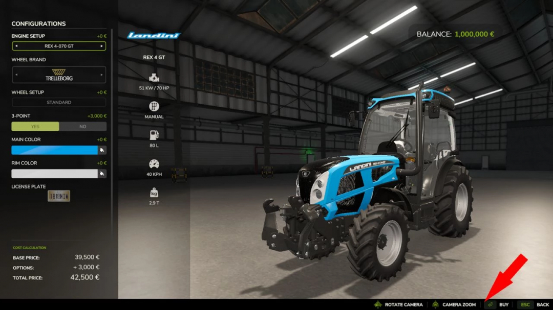 Mod FS25 Disable Rental v1.0.0.0 mostrando opciones de configuración del tractor Landini en un garaje con el botón de compra resaltado.