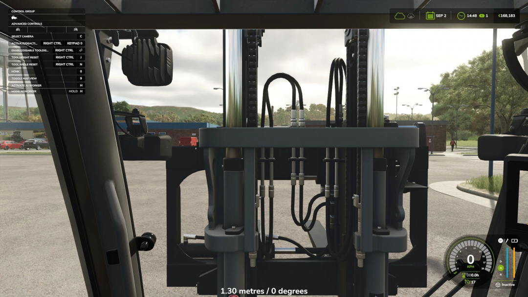 FS25 mod Display For Tool Position v1.0.3.2, vista interna con misurazione altezza attrezzo.