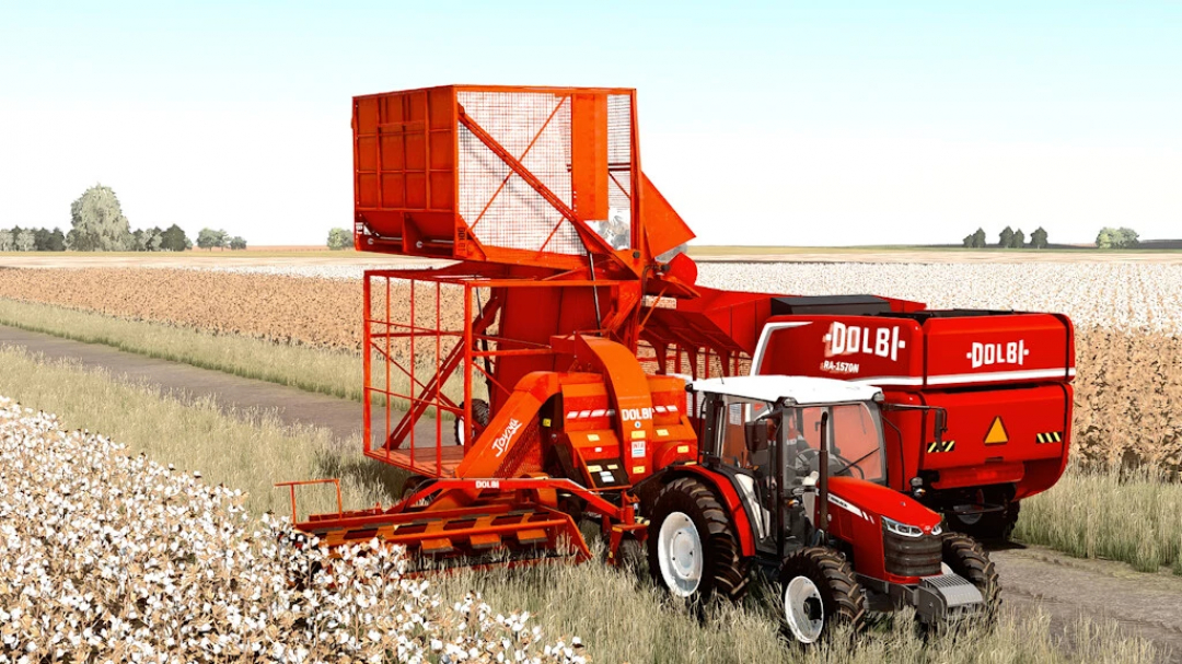 Mod FS22 Dolbi Javiyu Pack avec une moissonneuse rouge dans un champ de coton dans Farming Simulator 22.