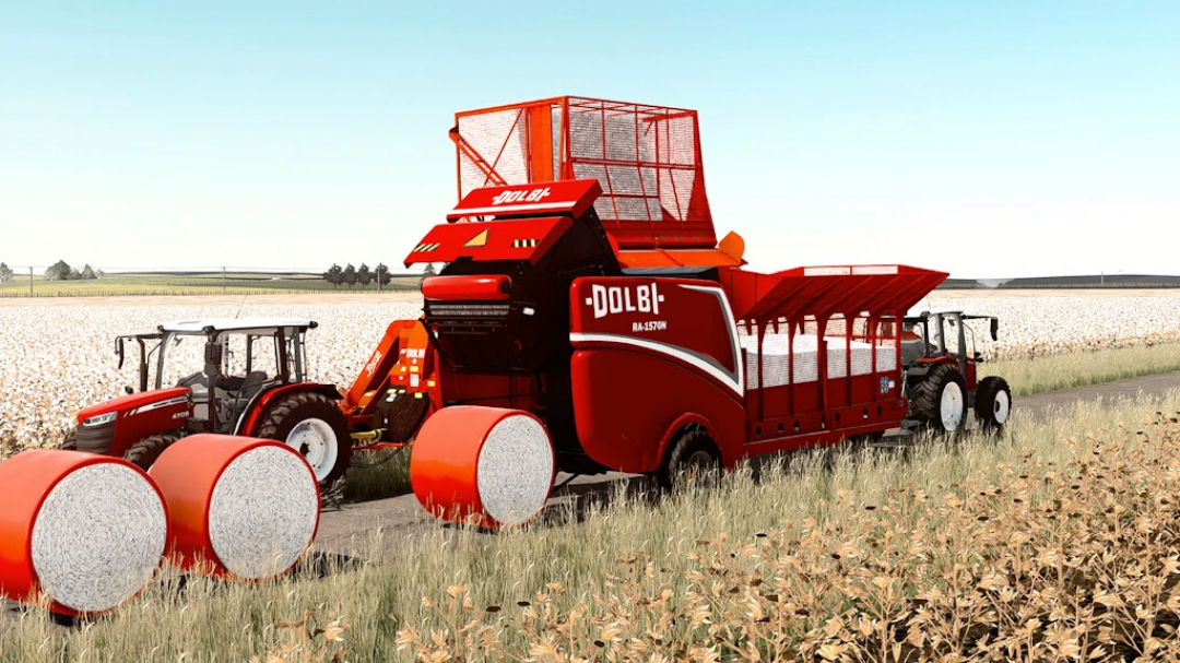 FS22 mod Dolbi RA1570 v1.0.0.0 che mostra macchinario agricolo rosso in un campo.