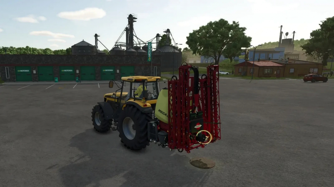 FS25 mod Drain v1.0.0.0 avec un tracteur jaune et accessoires sur un parking.