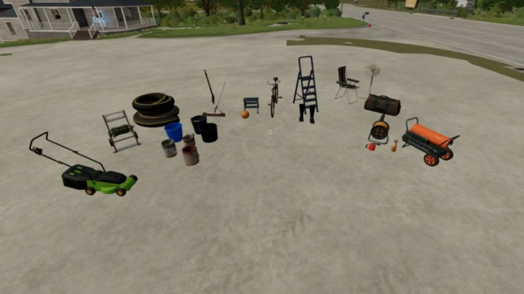 FS25 mod Elmcreek Props v2.0.0.0 featuring various tools and items on a farm, including a lawnmower, tires, and buckets.