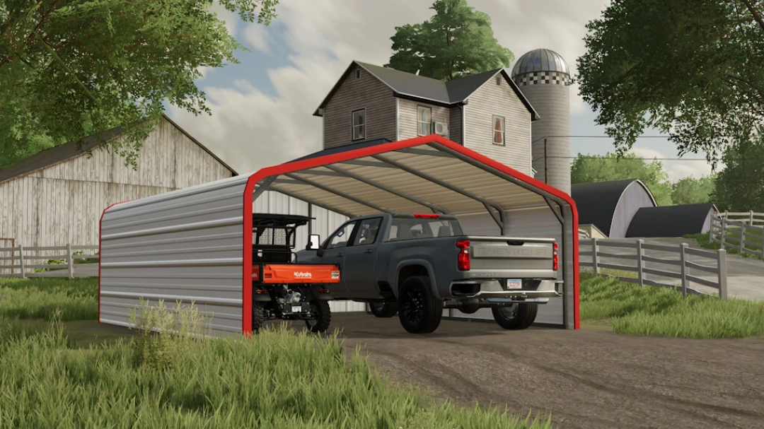 Mod FS22 Enclosed Carport v1.0.0.0 z metalową wiatą, ciężarówką i ATV w wiejskim środowisku.