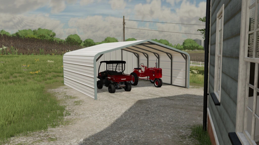 Obrazek modu FS22 Enclosed Carport v1.0.0.0 z pojazdami rolniczymi w Farming Simulator 22.