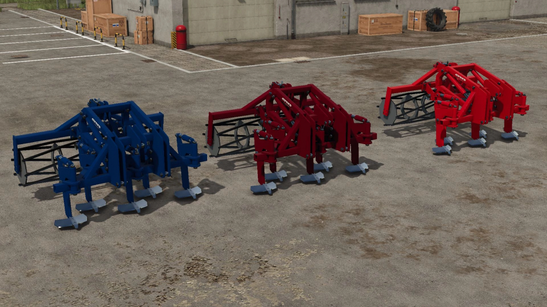 Evers Trakehner v1.0.0.0 mod in Farming Simulator 25 showing three plows in blue, maroon, and red.