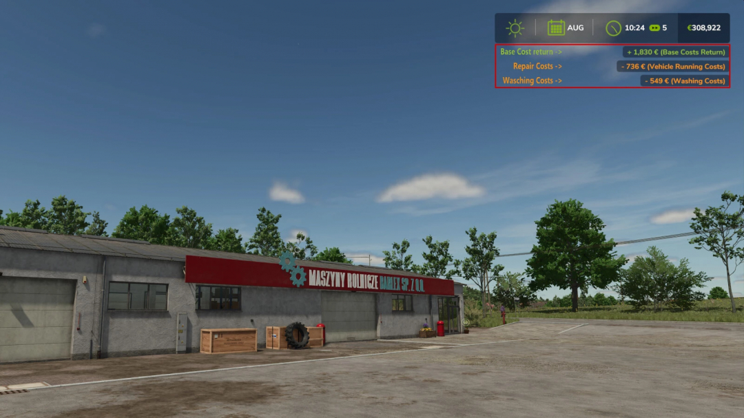 Screenshot del mod FS25 Extended Leasing v1.0.0.0 con edificio agricolo e ripartizione dei costi in Farming Simulator 25.