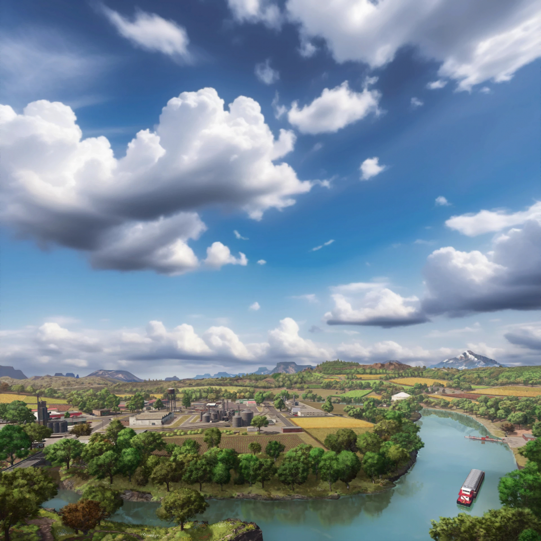 Scenic view of FS25 Base Map US mod showing a rural landscape with fields, river, and buildings under a blue sky with clouds.