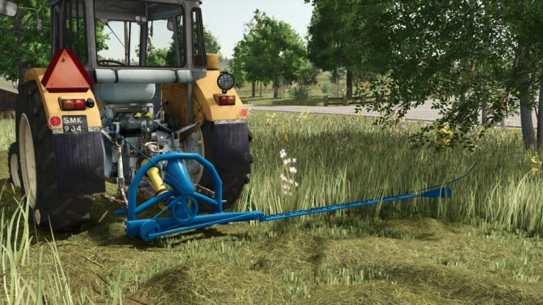 FS25 Lizard Bolt 752 mod in Farming Simulator 25, tractor with grass cutter attachment in a field.