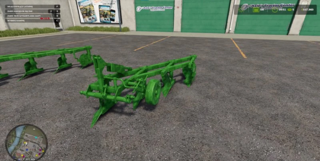 FS25 Plow Pack v1.0.0.0 mod showing green plows in a parking lot in Farming Simulator 25.