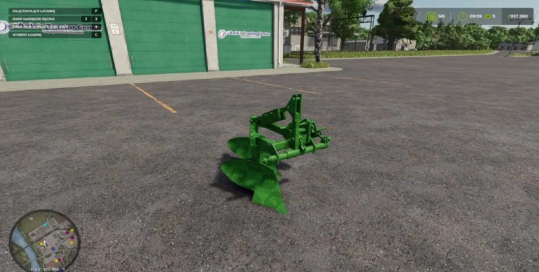 Green plow mod from FS25 Plow Pack v1.0.0.0, displayed on concrete in Farming Simulator 25.