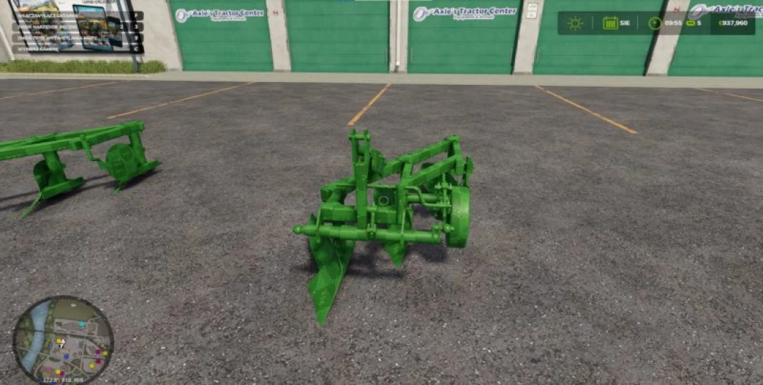 FS25 Plow Pack v1.0.0.0 mod showcasing green plows in Farming Simulator 25 parking lot.