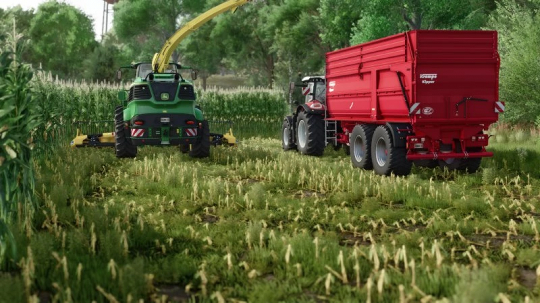 FS25 mods: Harvesting corn with two tractors, one with a red trailer, in Farming Simulator 25.