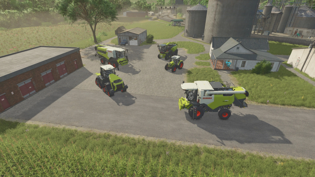 FS25 Xtreme Claas Pack v1.0.0.0 showcasing various Claas machines at a farm. Ideal for Farming Simulator 25 mods.