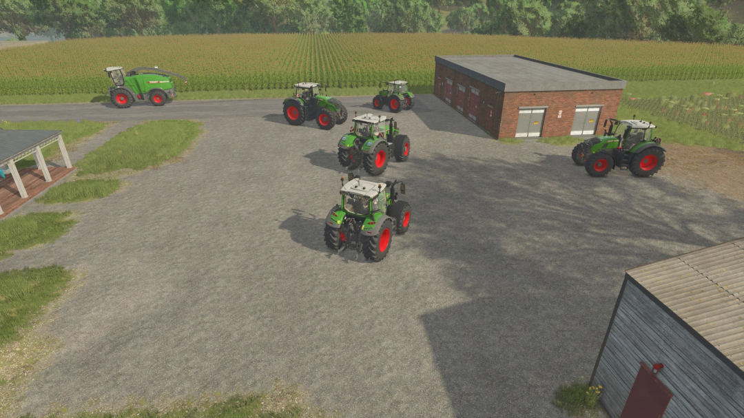 FS25 Xtreme Fendt Pack v1.0.0.0 mods showcase with multiple Fendt tractors in a farm setting in Farming Simulator 25.