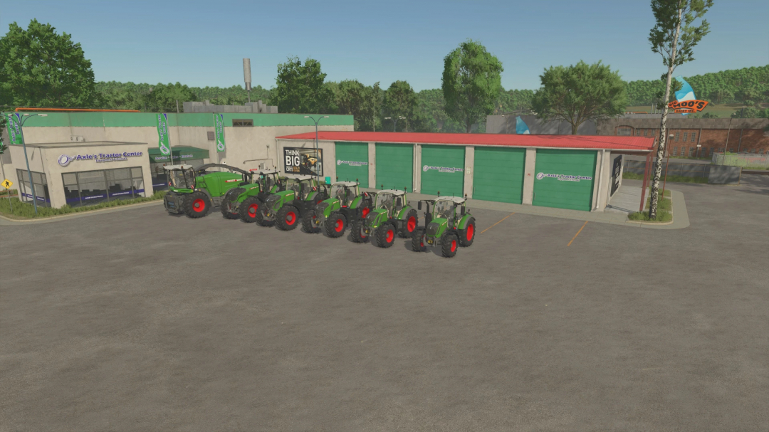 Lineup of Fendt tractors parked outside Axle's Tractor Center in FS25 Xtreme Fendt Pack mod.