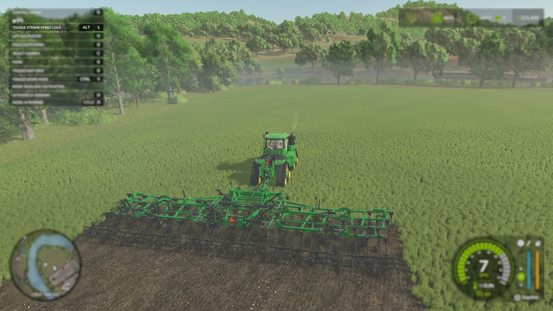 FS25 mod Xtreme Speed Unlocker in action on a tractor plowing a field.