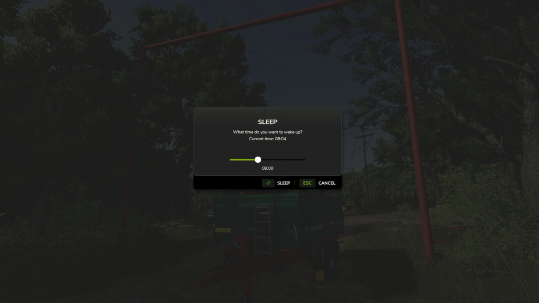 Interfaccia del menu sonno in Farming Simulator 25 mod Farming Essentials v1.0.0.0, mostra l'impostazione dell'ora di sveglia.