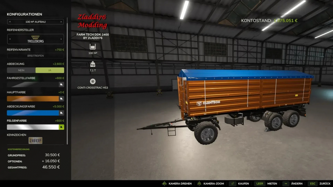 FS25 mod Farmtech Ddk 2400 trailer customization screen, showing configuration options and costs.