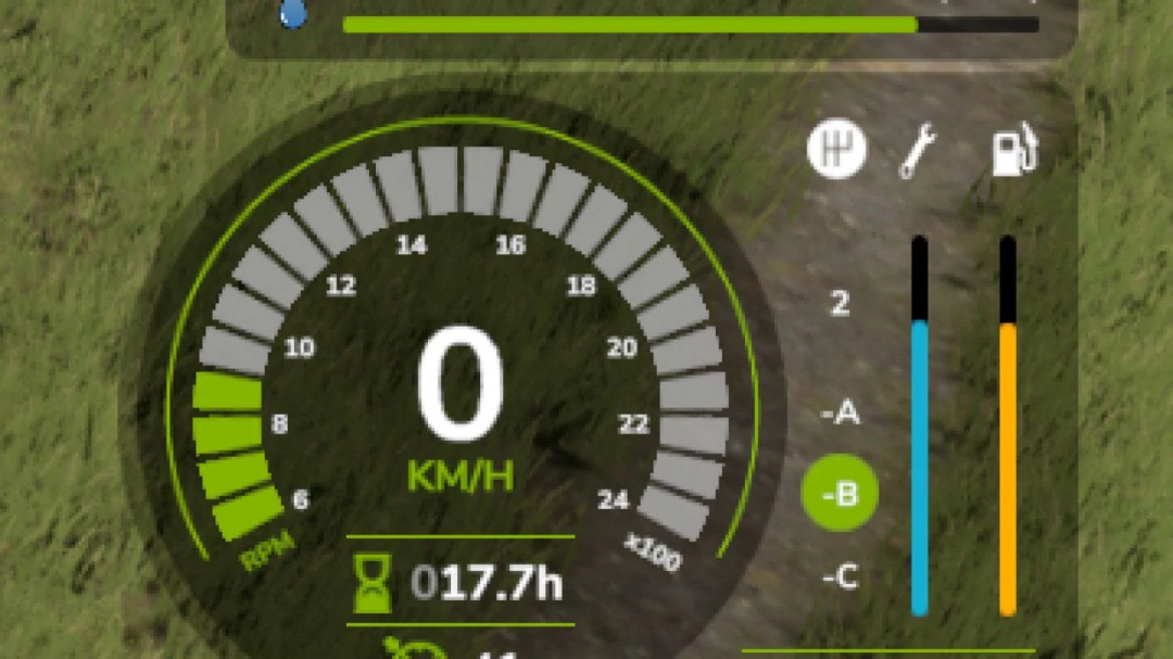 FS25 mod Faster Fastwind Wheel Medium Water v1.0.0.0 dashboard showing 0 KM/H speed and indicators.